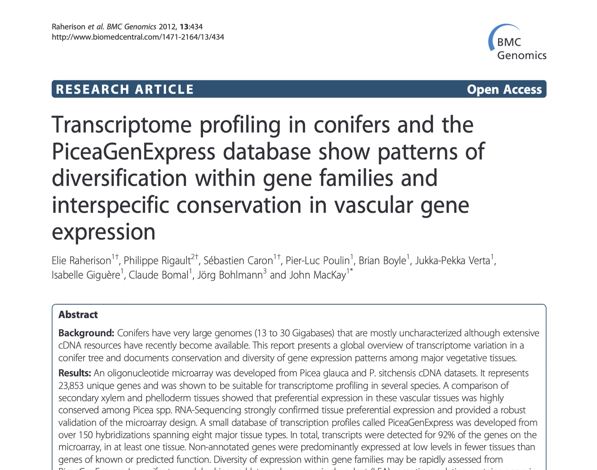 Transcriptome profiling in conifers and the PiceaGenExpress database show patterns of diversification within gene families and interspecific conservation in vascular gene expression