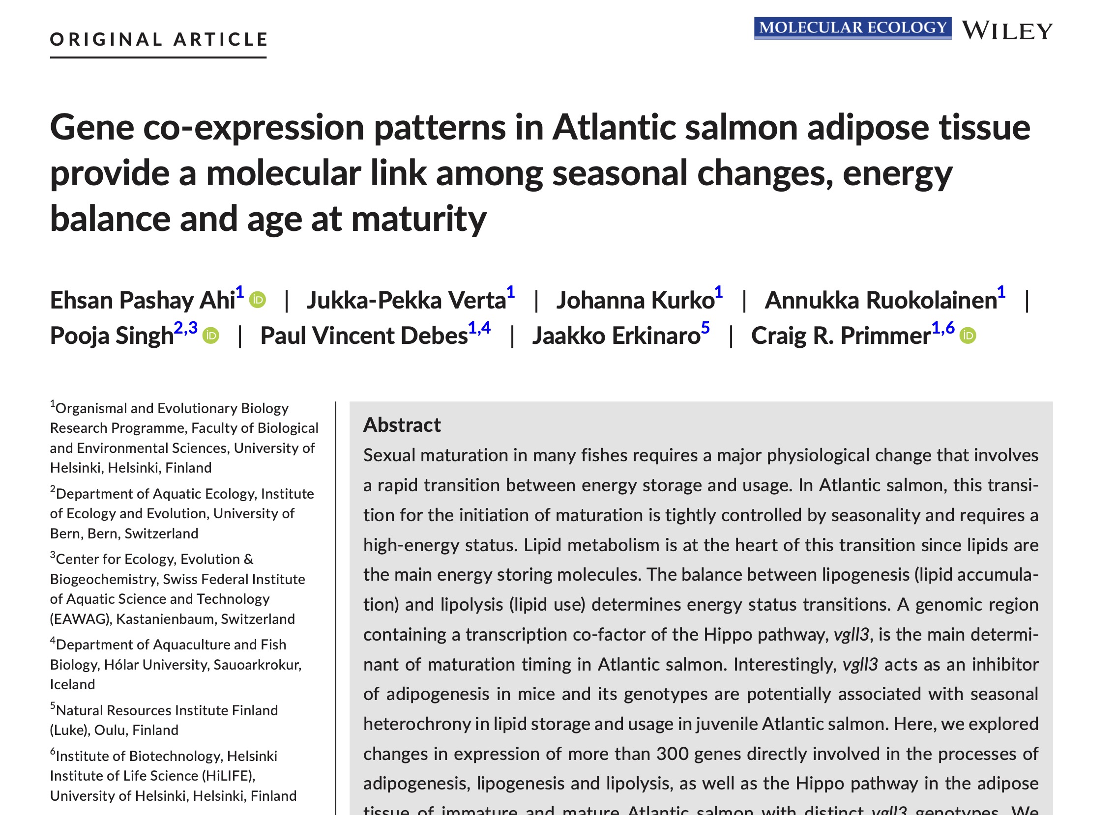 Gene co expression patterns in Atlantic salmon adipose tissue provide a molecular link among seasonal changes, energy balance and age at maturity