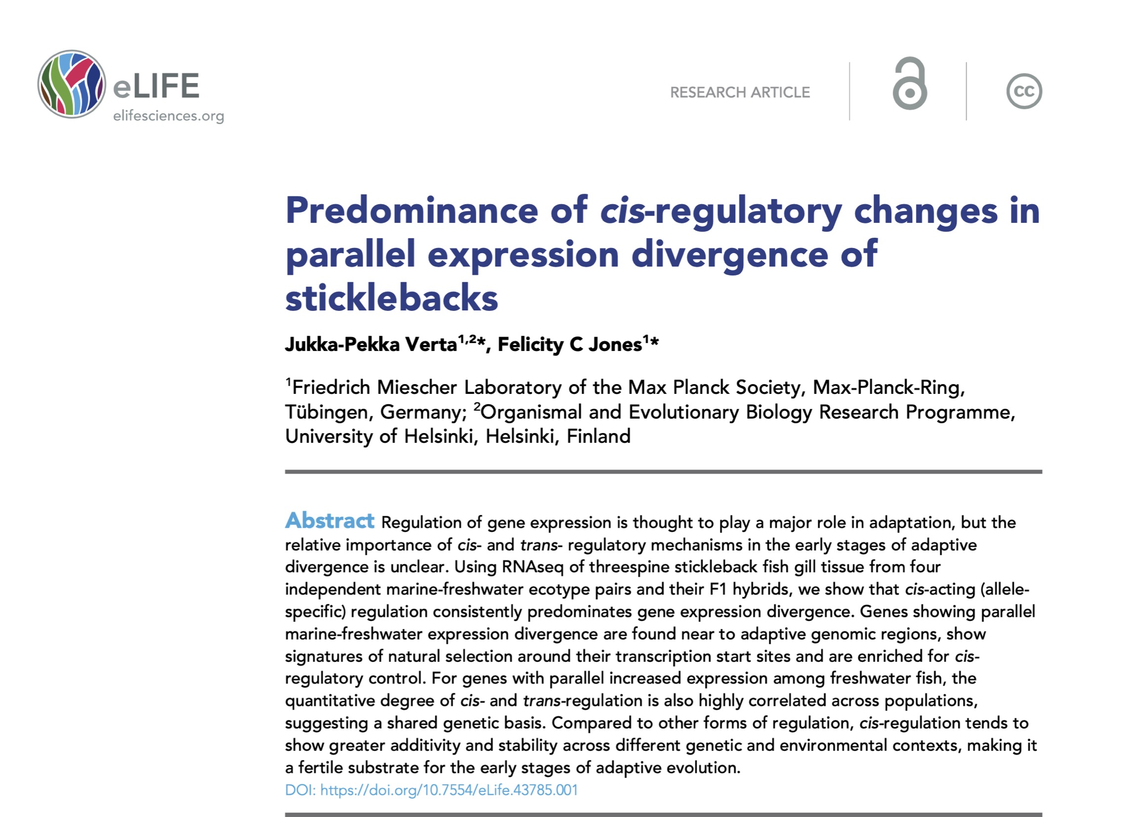 Predominance of cis-regulatory changes in parallel expression divergence of sticklebacks